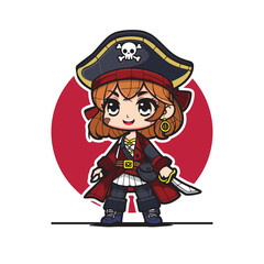 Cute cartoon character of lady pirate is holding sword