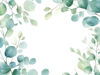Obraz premium watercolor border frame adorned with delicate eucalyptus twigs, isolated against a clean white background, perfect for invitations or artistic presentations