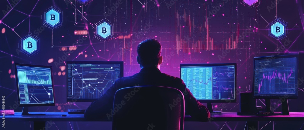 Poster cryptocurrency analysis in a high-tech financial hub with blockchain visuals and data insights