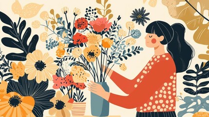 Homemaker arranging flowers with scandinavian floral patterns cozy indoor setting illustrative art