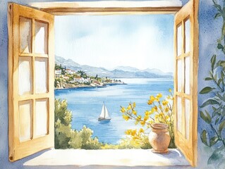 Fototapeta premium watercolor illustration featuring a picturesque view from a window overlooking the greek coastline, capturing the essence of travel and serenity through soft hues and delicate brushwork