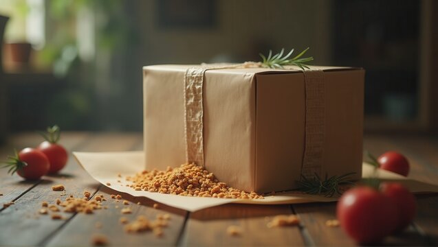 Wrapped box with string and greenery on a table, surrounded by chickpeas and cherry tomatoes. Generative, AI.