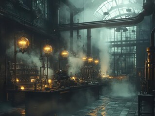 Craft a mysterious steampunk laboratory filled with bubbling vials, antique machinery, and flickering gas lamps, enveloped in a dense fog, Steampunk, Ominous Shadows