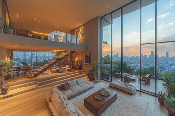 Fototapeta premium Modern Penthouse Apartment City View Luxury Living Space