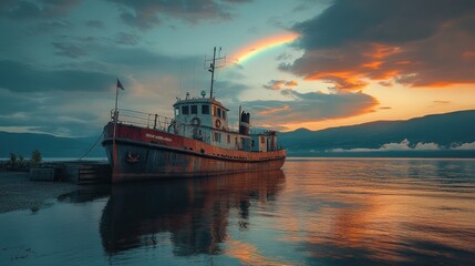 Obraz premium A weathered boat rests by a tranquil lake under a vibrant sunset and rainbow.