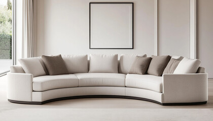 Modern curved beige sofa in bright living room, with neutral cushions and minimalist decor, creating a cozy and stylish ambiance.
