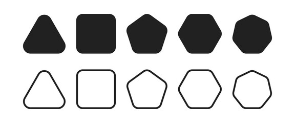 Types of polygon shapes or geometric figure set. Mathematical shapes of Triangle, square, pentagon, hexagon, heptagon, octagon, nonagon, decagon. Cute colorful shapes for children education.