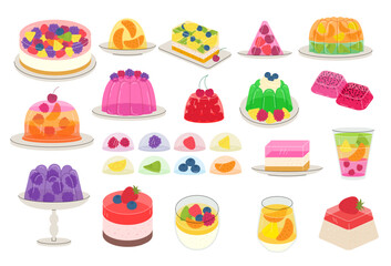 Fruit in jellies. Fresh dessert fresh juicy fruits in jellies candy puddings and piece of cakes recent vector stylized illustrations