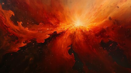 A spectacular nebula with red and orange shades radiating energy into deep space