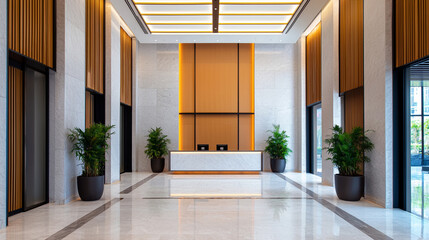 Obraz premium Modern hotel lobby with sleek design, featuring a reception desk and elegant plants, showcasing contemporary architectural style.