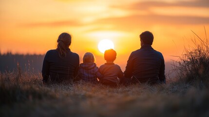 A family enjoys a sunset together, symbolizing connection and tranquility.