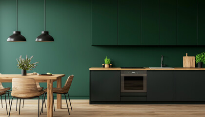 Modern kitchen interior with green walls, wooden cabinets, and dining area, showcasing minimalist design and natural elements.