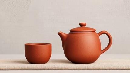 Tea Ceremony Serenity: A close-up shot presents a serene composition of a traditional brown tea set, the teapot and cup sit in a tranquil arrangement, evoking a sense of peace and mindful ritual.