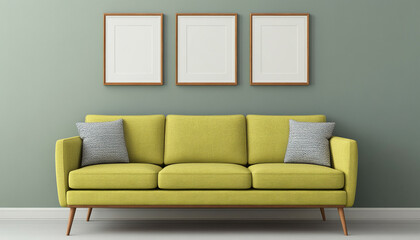Modern living room interior with a stylish green sofa and three framed pictures on the wall, creating a cozy and elegant atmosphere.