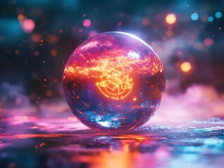 Create a vivid, glowing crystal ball radiating holographic wealth symbols, set in a surreal cosmic scene with psychedelic colors