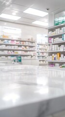 Modern pharmacy interior with bright lighting and well-stocked shelves of medications. Clean, white aesthetic creates a sterile and professional atmosphere for healthcare needs.