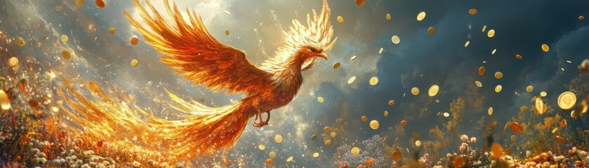 Fototapeta premium Create an image of a majestic golden phoenix flying over a sunlit meadow, showering coins and jewels, with a vibrant color palette representing rebirth and luck, in digital CG 3D