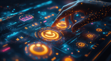 Futuristic interface neon lights hand interaction digital controls technological innovation immersive display holographic
