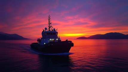 Obraz premium A tugboat navigates calm waters under a vibrant sunset sky.