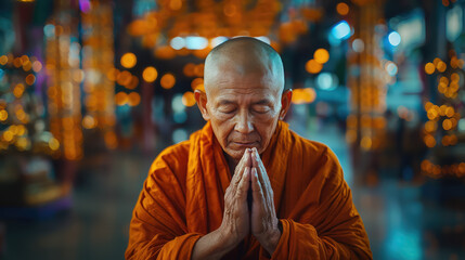 Obraz premium Buddhist monk in orange robe praying in temple, Buddhism, religion, faith, Asia, India, man believing in Buddha, Tibet, guru, lama, spirituality, meditation