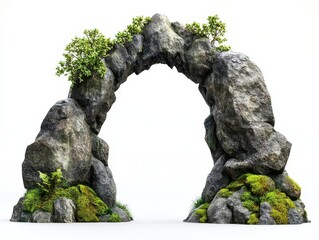 wild woodland arch crafted from natural rock, intricately detailed with moss and boulder textures, isolated against a stark white backdrop, evoking a sense of ancient mystery