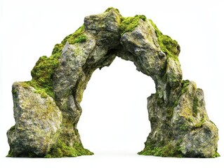 wild woodland arch crafted from natural rock, intricately detailed with moss and boulder textures, isolated against a stark white backdrop, evoking a sense of ancient mystery