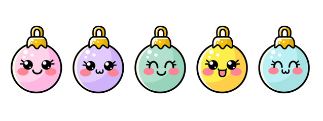 Set of cute kawaii Christmas vector icon tree balls for kids isolated on white background