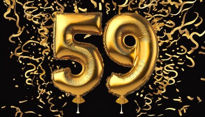 Gold birthday / anniversary balloon, number 59, black background with confetti