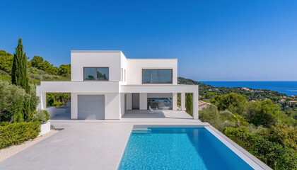 Fototapeta premium Modern luxury villa with pool overlooking scenic ocean view and lush greenery under a clear blue sky.