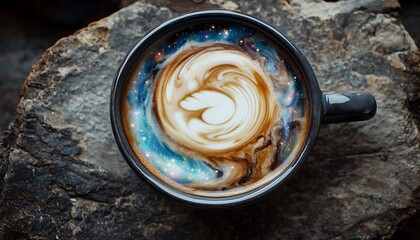 Cup of coffee with milk swirled into a galaxy pattern on a rustic stone tabletop