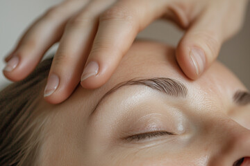 soothing forehead massage with gentle fingers, promoting relaxation and wellness. close up captures serene expression and delicate touch, enhancing calming atmosphere