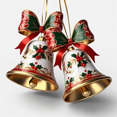 Christmas bells decorated with gold and red patterns, adorned with holly leaves and a festive ribbon. Set against a white background.