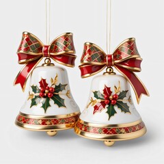 Christmas bells decorated with gold and red patterns, adorned with holly leaves and a festive ribbon. Set against a white background.