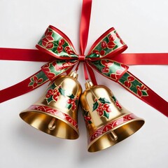 Christmas bells decorated with gold and red patterns, adorned with holly leaves and a festive ribbon. Set against a white background.