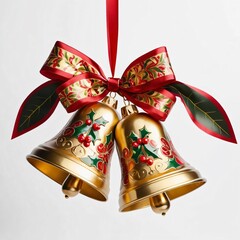 Christmas bells decorated with gold and red patterns, adorned with holly leaves and a festive ribbon. Set against a white background.