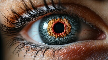 Close-up of a human eye displaying intricate patterns, featuring blue and orange hues, capturing a vivid detail of the iris and eyelashes.