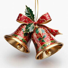 Christmas bells decorated with gold and red patterns, adorned with holly leaves and a festive ribbon. Set against a white background.