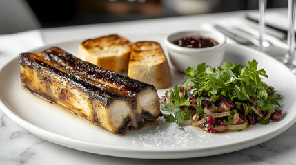 Grilled Bone Marrow with Oxtail Jam and Sourdough, Rich Appetizer Photography