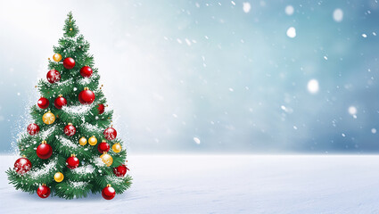 Obraz premium Christmas tree with red and gold ornaments standing in falling snow