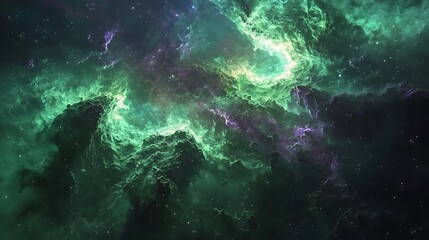 Fototapeta premium The dramatic formation of a nebula with layers of green and violet interspersed with glowing stars
