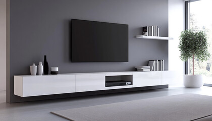 Obraz premium Modern minimalist living room with sleek furniture, stylish decor, and a large television, creating a cozy and elegant atmosphere.