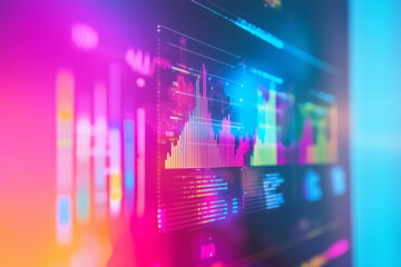 Visualize floating holographic data charts layered over vibrant background, showcasing colorful graphs and statistics that evoke sense of innovation and technology
