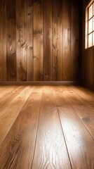 Naklejka premium Warm wooden interior with polished floors and vertical wooden walls, illuminated by natural light from a small window, Ideal for architectural design projects, interior decor, and renovation themes,
