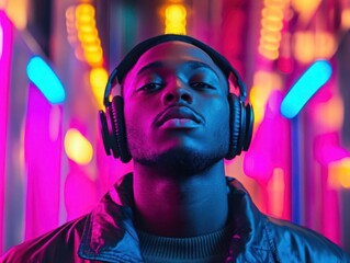 young man immersed in music, headphones on, illuminated by mesmerizing neon lights, surrounded by a lively urban backdrop, radiating a sense of youth and energy