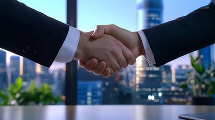 Business Professionals Shaking Hands in Sleek Boardroom,Symbolizing Agreement and Partnership