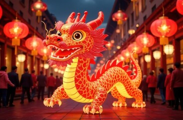 Fototapeta premium Chinese dragon against the backdrop of an evening street with lanterns