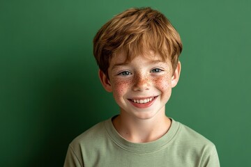 Smiling boy with freckles against green backdrop