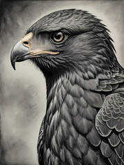charcoal and pencil drawing portrait of a harris hawk in profile in muted dark colors