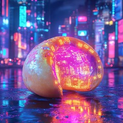 Paint a neon-lit digital fortune cookie cracking open to reveal Prosperity against a futuristic cityscape in vibrant Pop Art style