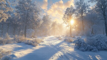 Fototapeta premium Enchanting Winter Wonderland: Serene Snowy Landscape with Glowing Sunset